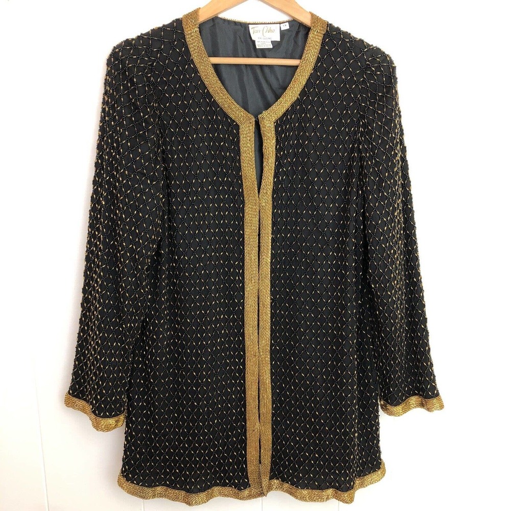 Tan-Chho Vtg Black Beaded Silk Evening Jacket Women's Plus 1X Cocktail‎ Topper